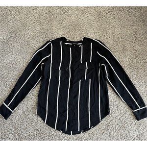 Who What Wear Women's Blouse Button Up Black White Stripe Size XS Long Sleeve